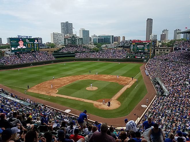 Chicago Cubs fans watching a Chicago Cubs baseball game at Wrigley Field. 