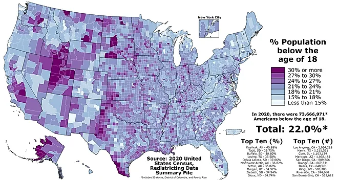 Proportion of Americans under the age of 18 in each county of the fifty states, the District of Columbia, and Puerto Rico as of the 2020 United States census. By Abbasi786786 - Own work, CC BY-SA 4.0, https://commons.wikimedia.org/w/index.php?curid=113128