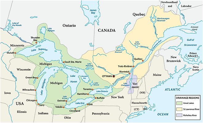 Map of the great lakes and St Lawrence river drainage. 