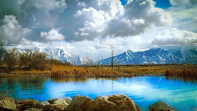 Stunning Mountain view over Utah Lake at Utah Lake State Park, Provo, Utah. 