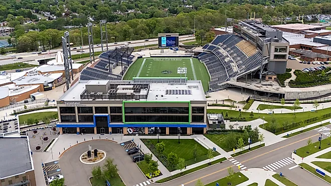 An aerial view of the Pro Football Hall of Fame and Tom Benson Hall of Fame Stadium in Canton, Ohio. Editorial credit: Grindstone Media Group / Shutterstock.com