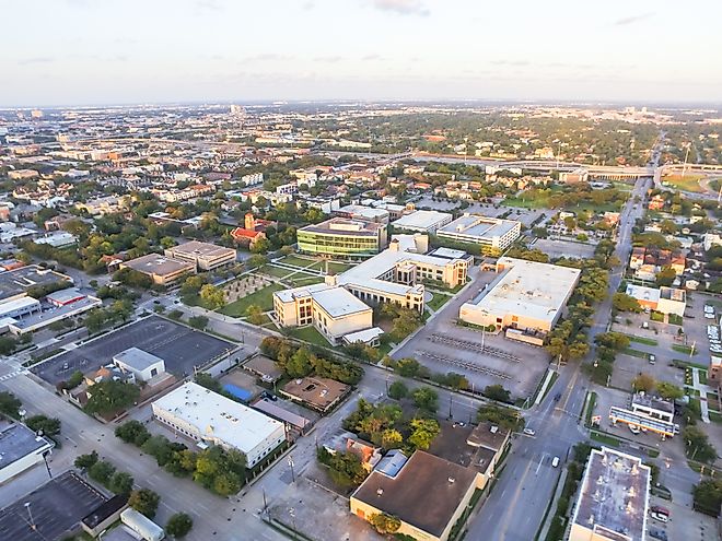 Aerial view business management district in midtown Houston, Texas.