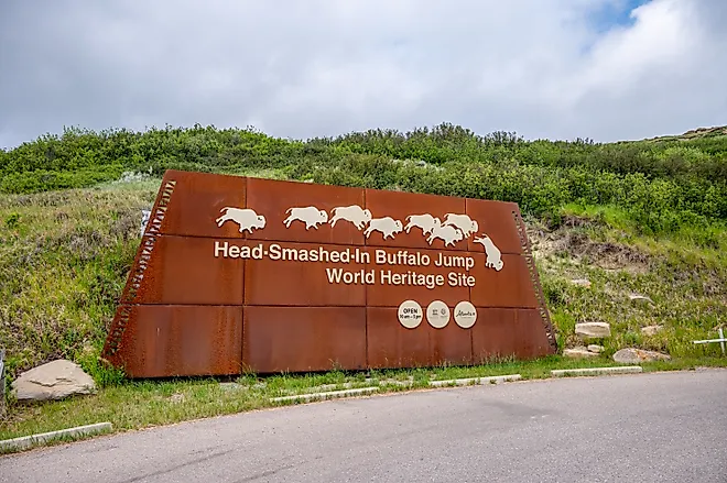 Entrance signage for the Head-Smashed-In Buffalo Jump World Heritage Site, via Jeff Whyte / Shutterstock.com