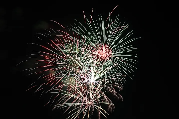 Vibrant fireworks fill the night sky during the 2019 Fourth of July show in Seward, Nebraska. Via Shutterstock / Alex Erwin.