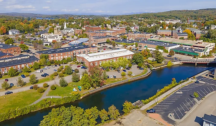 Aerial view of Laconia, New Hampshire, in fall.