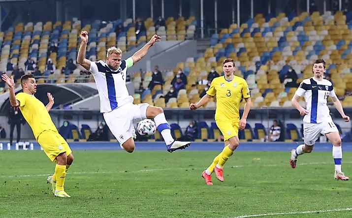 Paulus Arajuuri of Finland attacks during the FIFA World Cup 2022 Qualifying round game against Ukraine at NSK Olimpiyskiy stadium in Kyiv - Editorial credit: katatonia82 / Shutterstock.com