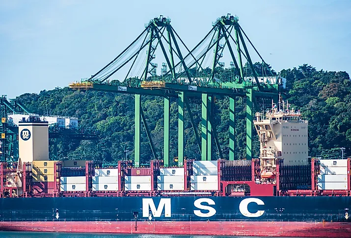 Container terminal with gantry cranes and berthed MSC merchant ship during cargo operation in port of Balboa, Panama. Image credit Mariusz Bugno via Shutterstock