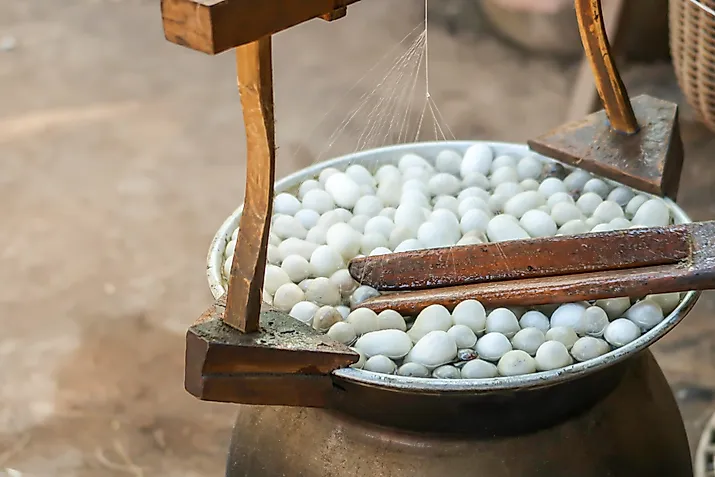 The process of producing silk by hand from silkworm cocoons.