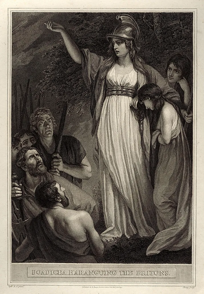 A 1793 engraving by William Sharp of Boudicca (or Boadicea), rallying Britons to her cause. National Portrait Gallery / Commons.Wikimedia.org