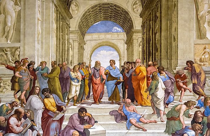 Painting by Raphael in Vatican Museum, Italy. Famous wall fresco School of Athens, philosophers Aristotle and Plato in center.