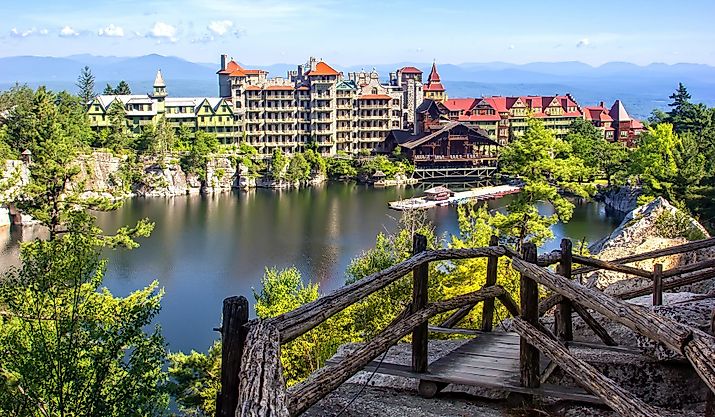 Scenic View of Mohonk Mountain House and Lake in New Paltz, New York.