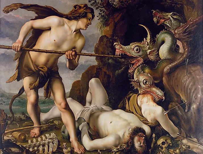 Cadmus fighting the Dragon. Cadmus is believed to be the first leader of Thebes. Illustration by: Hendrick Goltzius.