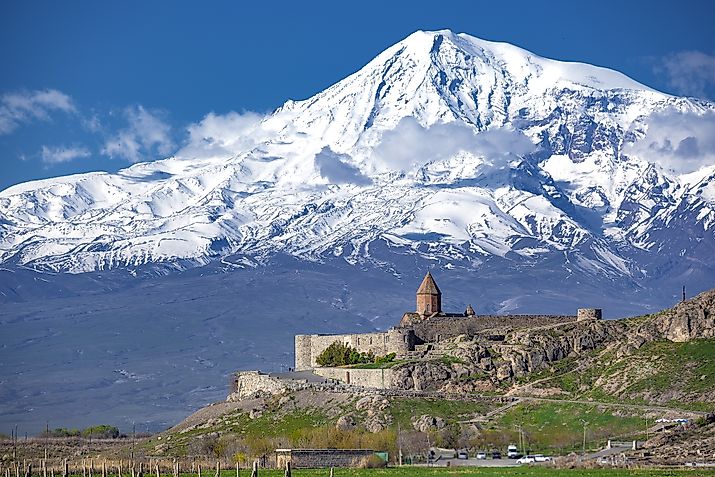 View of Khor Virap Armenian Monastery and Mount Ararat.