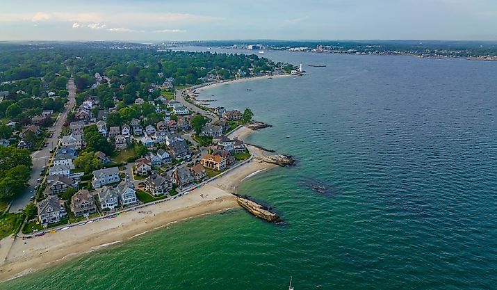Pequot Point Beach and New London Harbor Lighthouse at the mouth of Thames River in city of New London, Connecticut.