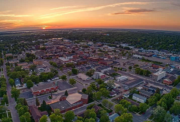 Aerial view of Watertown, South Dakota at sunset.