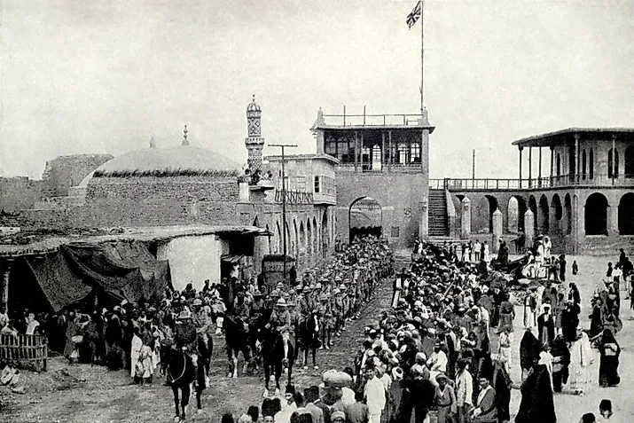 World War 1 in the Middle East. The Union Jack flies over Bagdad as British troops enter the city after its capture from the Ottomans on March 11, 1917.