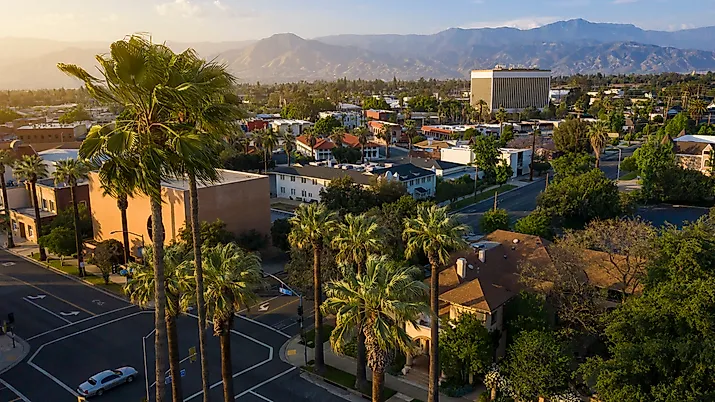 Aerial view of the historic downtown of Redlands, California.