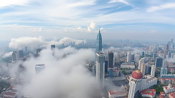 Cityscape of Chongqing at dawn with clouds covering buildings.