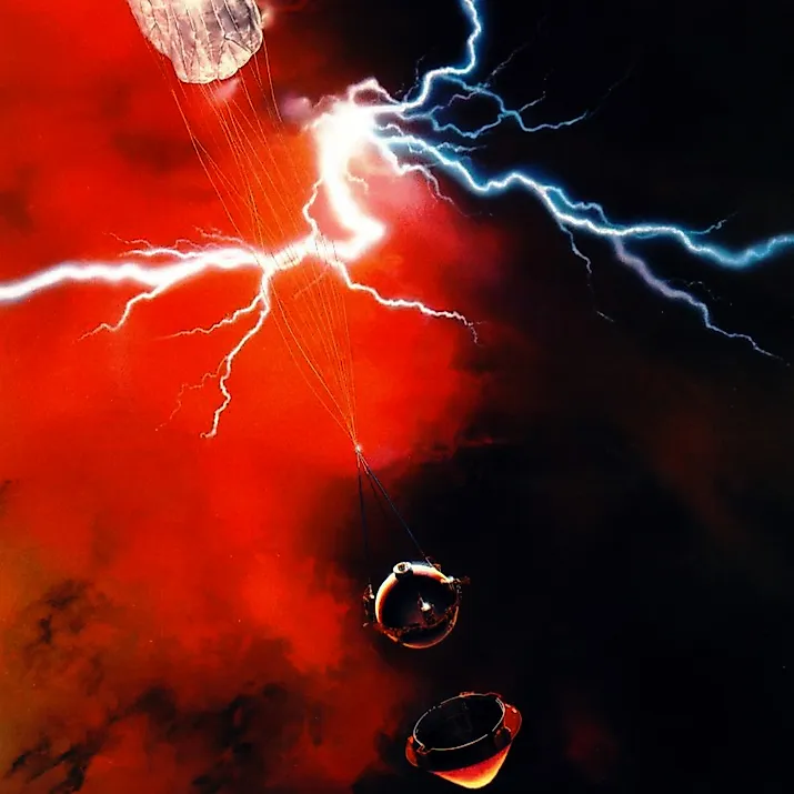 Artist’s rendering of NASA’s Pioneer Venus Large Probe descending through Venus’s atmosphere beneath its parachute. The probe entered the planet’s atmosphere in December 1978.