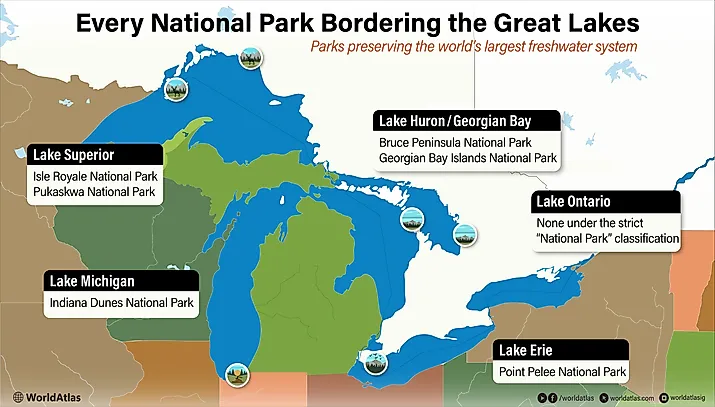 Infographic showing Every National Park Bordering The Great Lakes