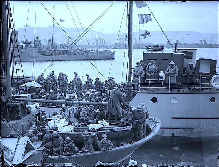 French and British troops on board ships berthing at Dover, 31 May 1940.