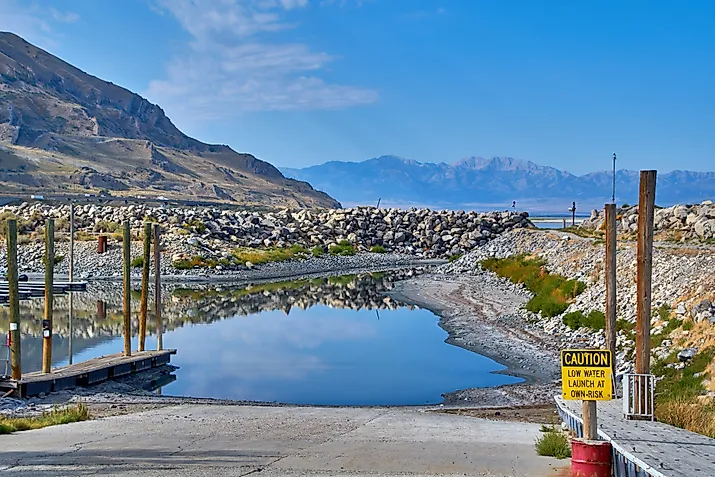 A boat ramp rendered unusable due to receding water levels caused by climate change at Great Salt Lake State Park, Utah