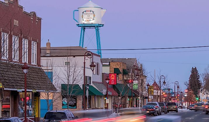 Downtown Lindstrom, Minnesota, and the Iconic Teapot Water Tower.