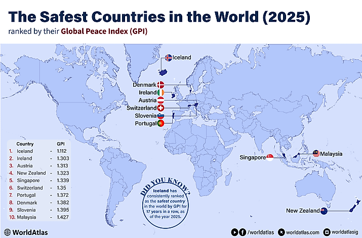 infographic and map of the safest countries in the world for 2025