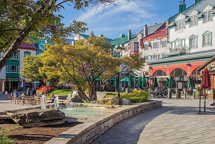 Plaza Scene in Mont-Tremblant Village with Fountain and Buildings. Editorial credit: JohnInNorthYork / Shutterstock.com