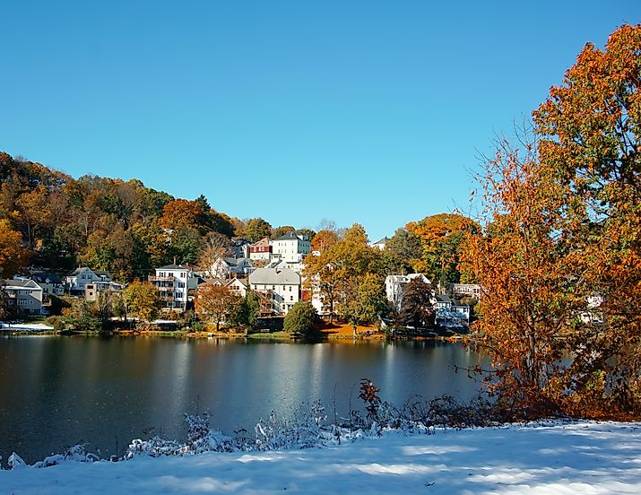 Lakeside houses along the Wachusett Reservoir in Clinton, Massachusetts.