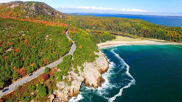 Aerial view of Acadia National Park in autumn season.