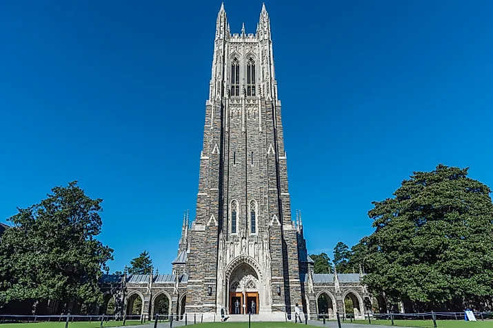 Front view of the Duke Chapel tower in early fall, Durham, North Carolina