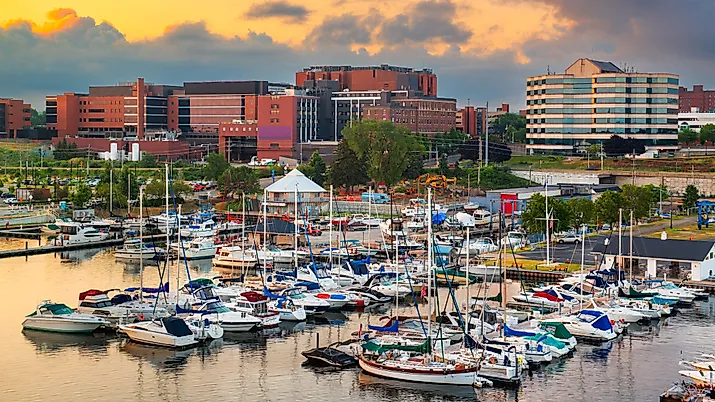 Erie, Pennsylvania, USA downtown on the bayfront at dusk.