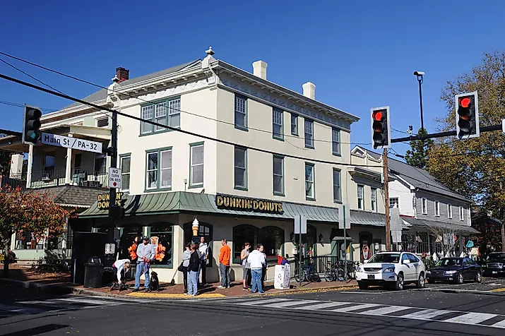 People outside Dunkin' Donuts on Main Street in the village of New Hope, Pennsylvania