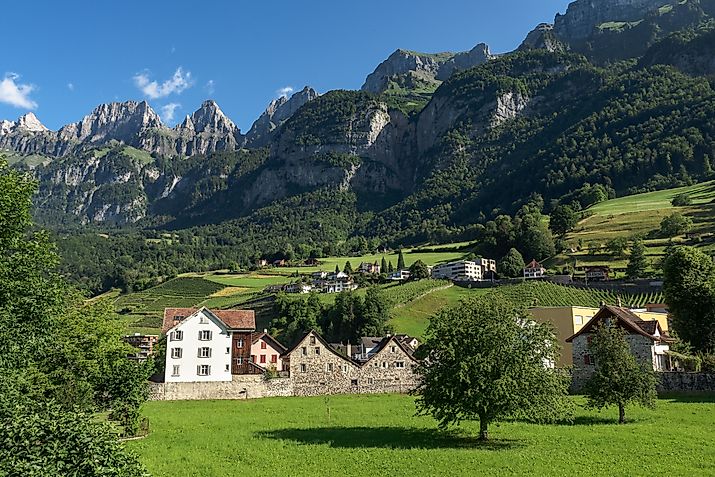 View of Walenstadt in Switzerland, with its surrounding majestic peaks. 