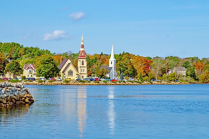 The churces along the coastline in Mahone Bay, Nova Scotia.