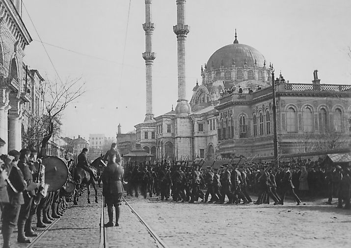 British troops marching by Nusretiye Mosque in Istanbul in 1920. 