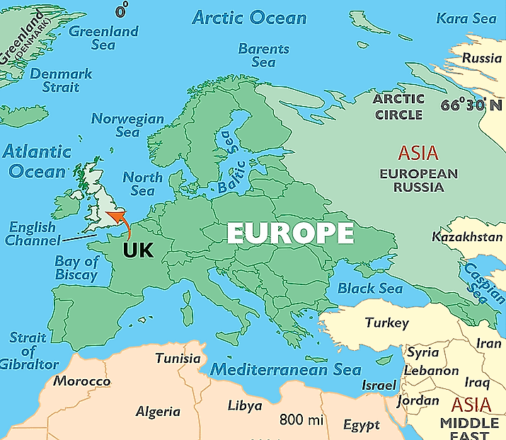 Map of Europe showing the location of the UK.