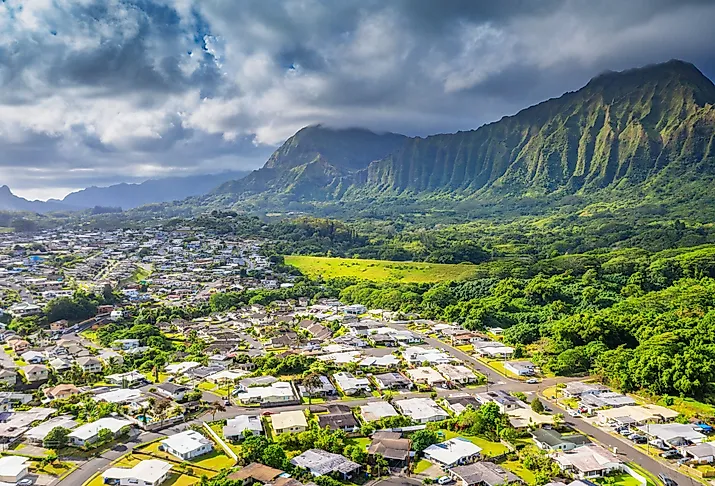 Aerial view by drone of Iailua town, Oahu island, Hawaii.
