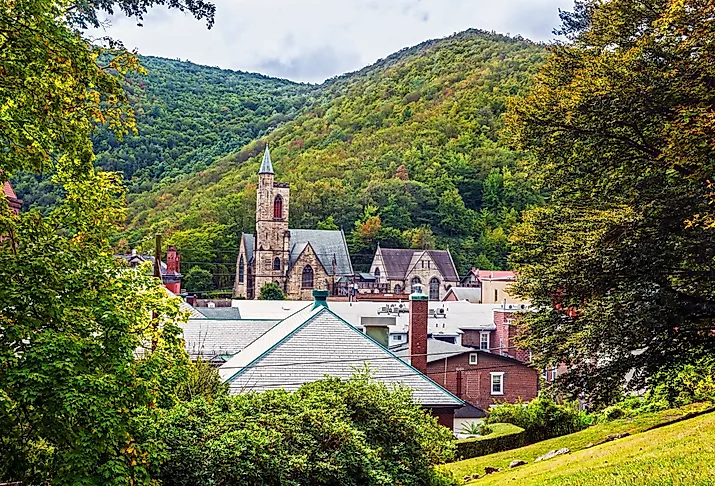 Historic old buildings and the scenic landscape of Jim Thorpe, Pennsylvania.