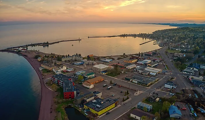 Aerial View of Grand Marais, Minnesota, at sunset.