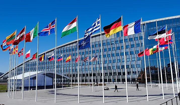 The national flags of countries member of the NATO fly outside the organisation headquarters in Brussels, Belgium.