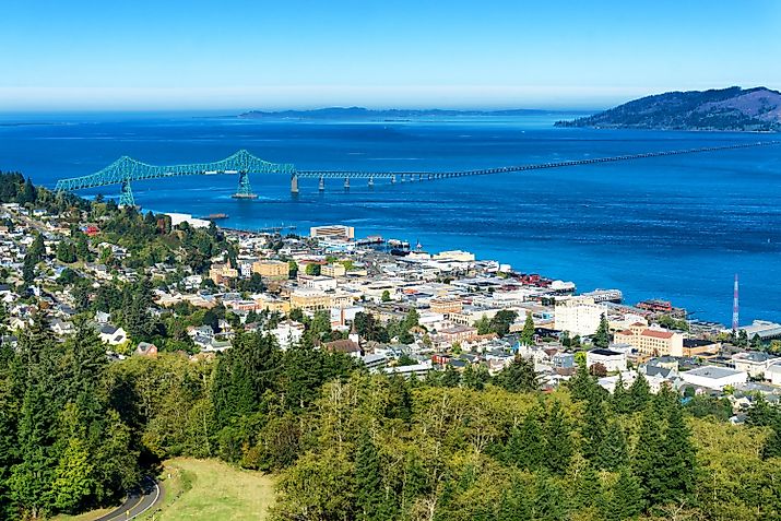 Aerial view of Astoria and the Astoria Megler Bridge in Oregon.