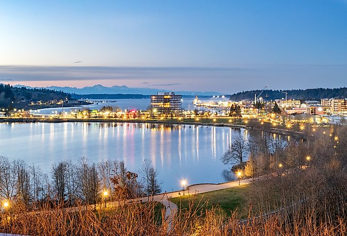 Aerial View of Olympia and Puget Sound at dusk in Olympia, Washington. Image credit Nate Hovee via AdobeStock.
