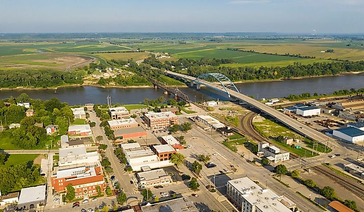 Aerial view over downtown city center of Atchison Kansas in mid morning light.