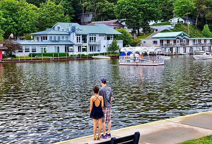 Waterfront buildings near the entrance to the Oval Beach on Lake Michigan, Saugatuck, Michigan. Image by PQK via Shutterstock.