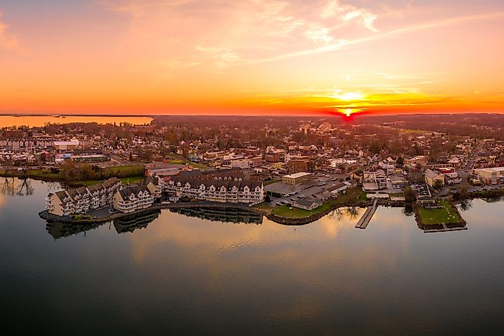 Aerial sunset panorama of Havre De Grace, Harford County, Maryland, United States.