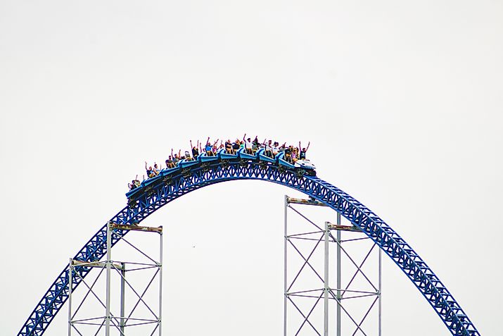The train of Millennium Force crests a hill at Cedar Point in Sandusky, Ohio. Via Shutterstock / CJDPhotos