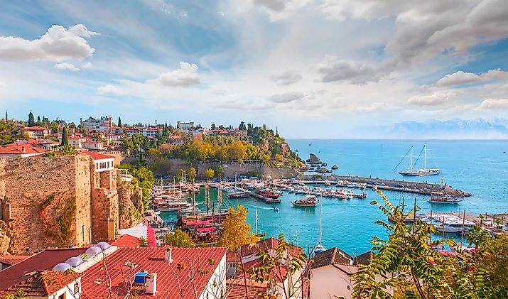 Aerial view of Antalya old town or harbour (Kaleici), Bay with ships and boats in summer - Antalya, Turkey 