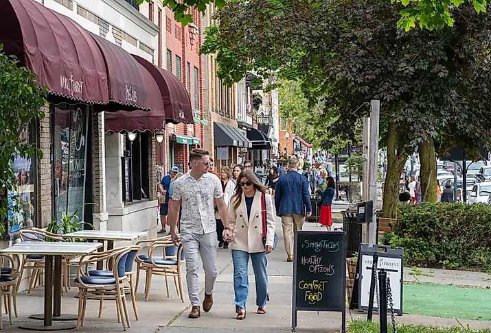 Exterior of a brick building in the historical center of Saratoga Springs, New York. Image credit aimintang via istock